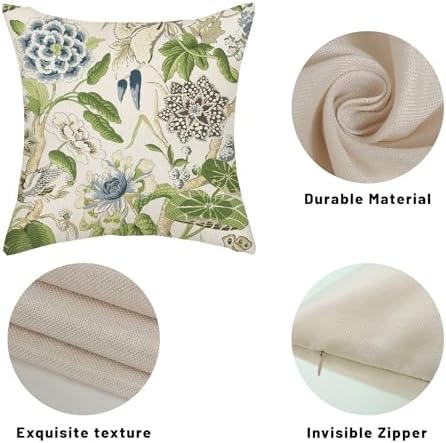 Sage Green Boho Pillow Covers 20x20 Inch 2 Pcs Blue Green Vintage Floral Bird Decor Throw Pillows Chinoiserie Flower Seasonal Outdoor Farmhouse Pillowcase Linen Cushion Cover for Couch Sofa - Image 7