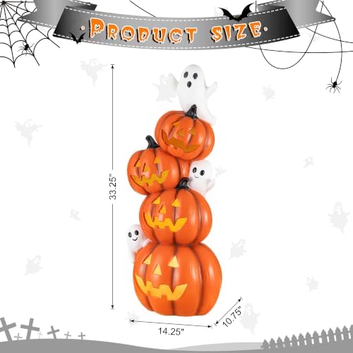 Glitzhome 33.25"H Halloween Lighted Stacked Jack-O-Lantern Porch Decor,MGO Pumpkin Ghost Statue with Timer,Scary Halloween Decoration for Indoor Outdoor Front Door Party Yard - Image 5