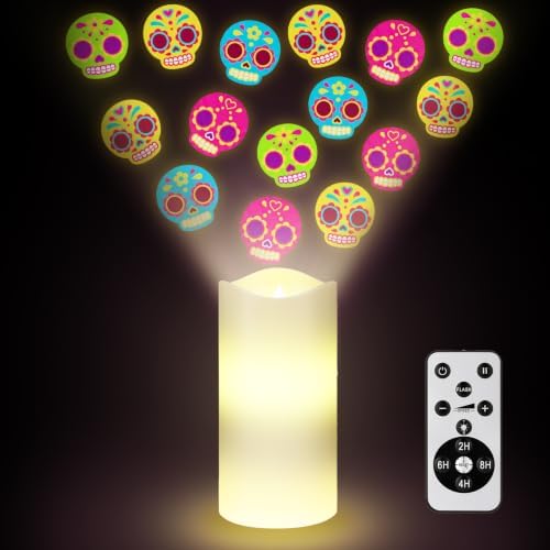 Baquler Day of the Dead Decoration Flameless Candles Sugar Skull Projector Light Colorful Skull LED Candle Battery Operated Night Light with Remote and Timer Indoor Bedroom Halloween Mexican Decor by Baquler