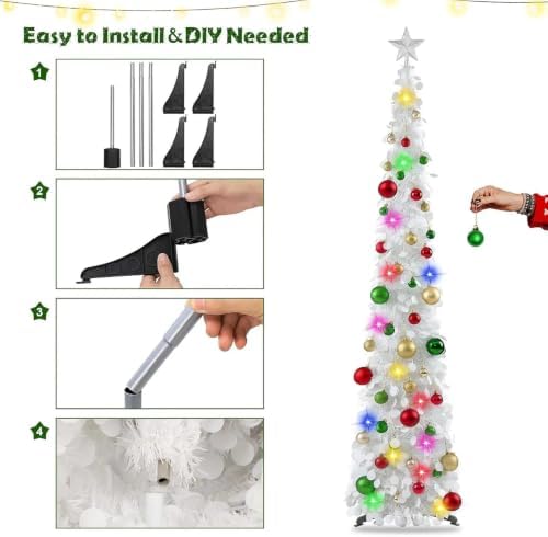 N&T NIETING Pop Up Christmas Tree with Lights & 30 Balls, 5Ft Collapsible White Tinsel Skinny Tree Decorations for Holiday Xmas Home Office Decor - Image 4
