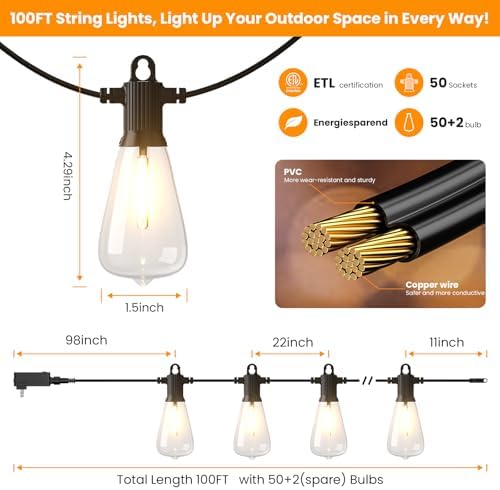 Kawaya Outdoor String Lights for Patio - ST38 Outside IP65 Waterproof Hanging Light with 2700k~6000k Dimmable - 100FT Led Edison Lights for Cafe Bistro Yard Gazebo Porch - Image 5