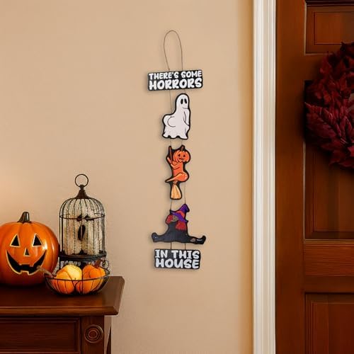 Halloween Decoration Funny Ghost There's Some Horrors in This House Welcome Wall Signs Door Wreath for Front Door Sign, Fall Sign Hanging for Home Wall Party Outdoor Supply Decor Gifts 36.2×8.3 Inch - Image 4