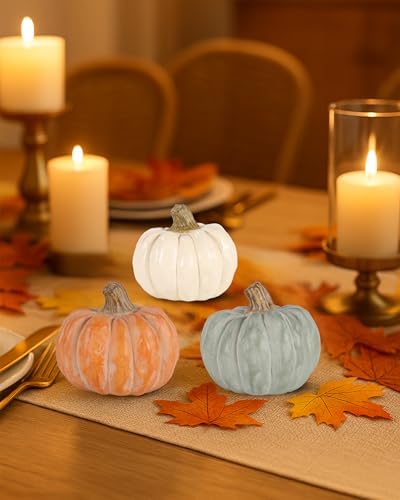 GoGnome Set of 3 Decorative Pumpkins – Resin Fall Harvest Décor in White, Sage Green & Orange, Rustic Autumn Table Centerpiece for Thanksgiving Farmhouse Home Decoration (White) - Image 5