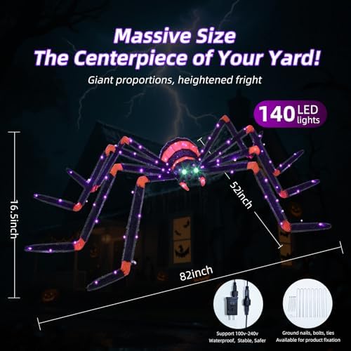 HOYECHI Halloween Decorations Giant Spider 6.8ft - Big Spider Holiday Decor Outdoor, Light Up Spider with 115 LED Lights for Front Yard Porch Gardens Party Outside Halloween Decorations - Black - Image 6