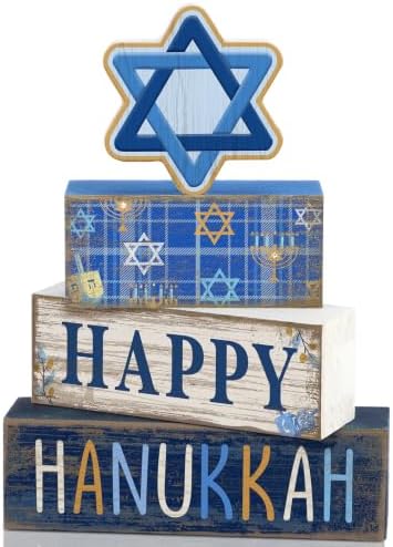 Lineshading 4 Pcs Wooden Hanukkah Block Signs Farmhouse Tiered Decor by Lineshading