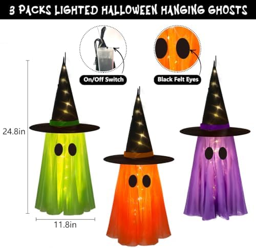 DAZONGE 3 Pack Light-up Halloween Hanging Witch Ghost Decor Outdoor - Image 3