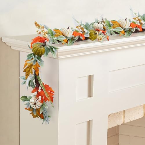 6 Ft Fall Garland, Autumn Pumpkin Garland with Maple Leaves Berries for Indoor Outdoor Thanksgiving Table Mantle Fireplace Home Decorations - Image 4