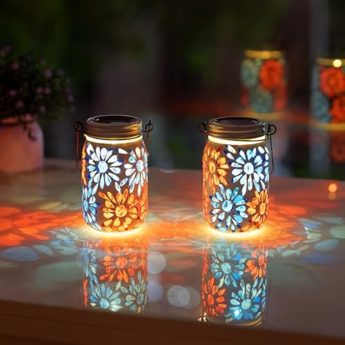 Starsoul Solar Lanterns Outdoor Waterproof, Mosaic Flowers Glass Solar Hanging Outdoor Lights, Decorative Solar Lantern for Outside Pathway Patio Porch Yard Decor - Image 6