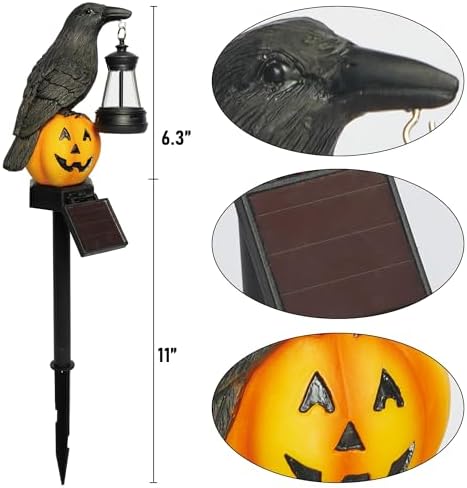Dazzle Bright 2 Pack Halloween Crow Pathway Lights Outdoor, Solar Powered Resin Crow with Pumpkin Walkway Lights, Stake Light for Halloween Pathway Garden Lawn Yard Gifts Decoration - Image 2