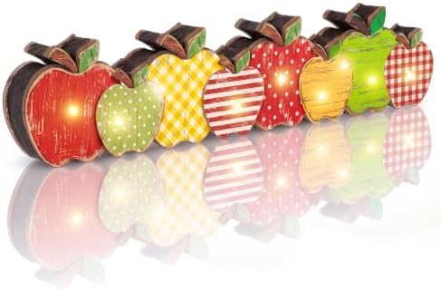 Yousoontic Back to School Decorations, LED Lighted Apples Slice Table Centerpieces with Striped and Polka Dot, Retro 3D Block Apple Desktop Decorations for School Classroom Office Table Mantel Desk by Yousoontic