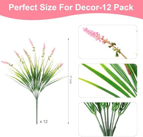 Ammyoo Artificial Plants Fake Monkey Grass for Outdoor Porch Decorations | 12 Pcs Faux Plants for Garden Planters, UV Resistant Fake Flowers Shrubs No Fade Greenery Bush for Outside Yard(Pink) - Image 7