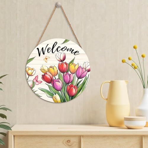 Tulip Welcome Sign for Front Door Decor Spring Flower Wall Hanging Sign Summer Decorations Floral Wooden Wreath Farmhouse Door Hanger Sign for Spring Summer Party Indoor Outdoor Decor 12 Inch - Image 4
