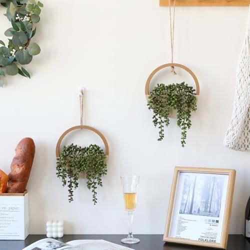 Floweroyal 2pcs Artificial Succulents Hanging Plants 20.1'' Fake String of Pearls in Pot with 9.4'' Lanyard for Indoor Outdoor Wall Decor（Wood Color） - Image 4