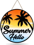 JarThenaAMCS Hello Summer Welcome Door Sign 3D Hawaiian Coconut Tree Seaside Sunset Front Door Hanger for Summer Pool Farmhouse Home Porch Window Decor by JarThenaAMCS