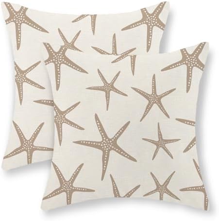 Brown Tan Starfish Pillow Covers 16x16 Set of 2 Coastal Throw Pillows Summer Nautical Ocean Beach Theme Decorative Pillowcase Outdoor Farmhouse Linen Decor Cushion Case for Couch Home Bedroom by JEFERSO