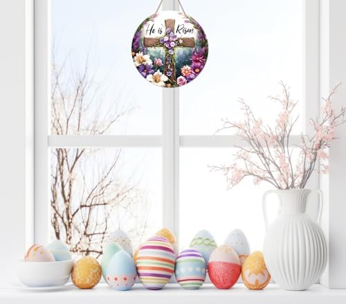 WaaHome He is Risen Sign Wreath for Front Door Decor Religious Cross Easter Hanging Door Decorations, Farmhouse Flower He is Risen Door Sign Hanger for Home Spring Wall Indoor Outdoor Decorations - Image 6