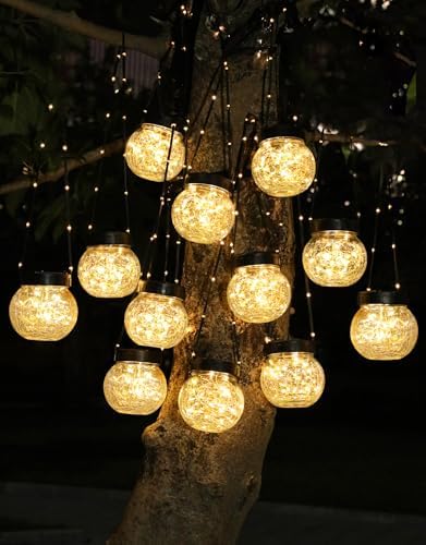 PARTPHONER Solar Lights Outdoor Waterproof 12-Pack, Solar Powered Hanging Lantern Cracked Glass Hanging Globes for Yard Decor Christmas Decoration, Shepherd Hook, Garden Tree Ornaments, Warm White by PARTPHONER