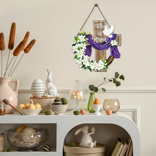 Harooni Easter Door Sign for Front Door He Is Risen Easter Cross Wood Wreaths Hanger Religious Cross Lily Flowers Outdoor Porch Decor Spring Flowers Wooden Wreath Wall Hanging Decoration 10.9"x10.9" - Image 3