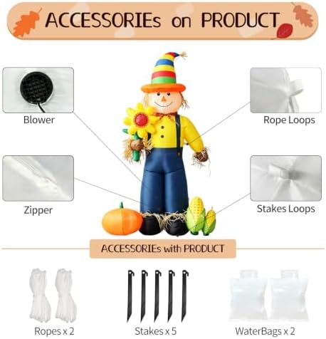 DomKom 6FT Fall Inflatable Scarecrow, Cute Scarecrow Hold Sunflower with Corn and Pumpkin, Harvest Thanksgiving Blow Up Decorations, Built-in LEDs for Holiday Party, Garden, Lawn, Yard, Patio Décor - Image 6