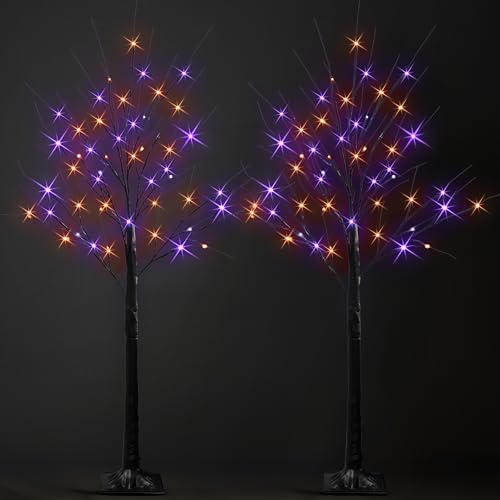 Dazzle Bright 2 Pack 4FT Halloween Lighted Up Birch Tree, Total 96 LED Purple and Orange Fairy Lights with Timer, Waterproof for Indoor Outdoor Home Party Halloween Decoration - Image 6