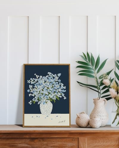 Vintage Framed Floral Wall Art 12x16, Blue White Baby’s Breath Flower in Polka Dot Vase Print, Minimalist Modern Nordic Botanical Canvas Artwork, Entryway Bedroom Kitchen Office Decor - Image 4