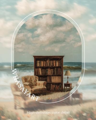 Vintage Framed Coastal Wall Art 12x16 Bookshelf Armchair Ocean View Canvas Print, Library by the Sea Dreamy Reading Nook Wildflower Artwork, Back to School Study Classroom Office Den Decor - Image 6