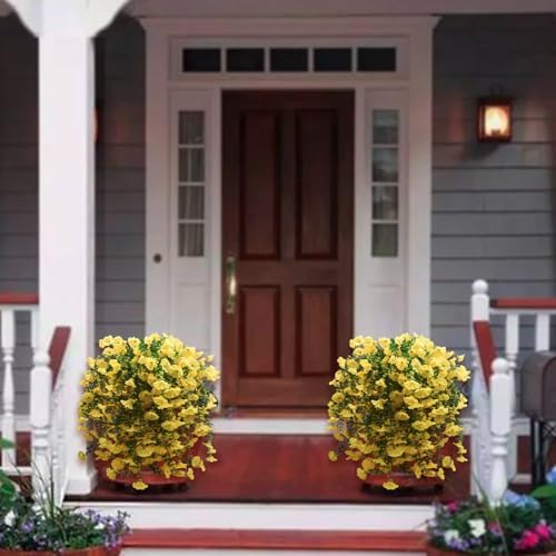 2 Pcs Look Real Artificial Flowers for Outdoors Artificial Hanging Flowers for Outdoors, UV Resistant Fake Hanging Plants Silk Petunia Faux Flowers for Porch Yard Spring Decor (Yellow) - Image 4