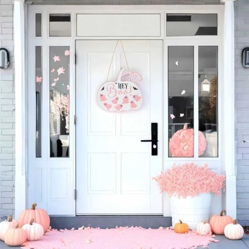 Fall Thanksgiving Door Sign Pink Pumpkin Wreath Decorations Hey Boo Sign for Front Door Decor Autumn Harvest Thanksgiving Farmhouse Wall Hanging Wooden Door Hanger for Fall Holiday Porch Outdoor Indoor Halloween Party - Image 3