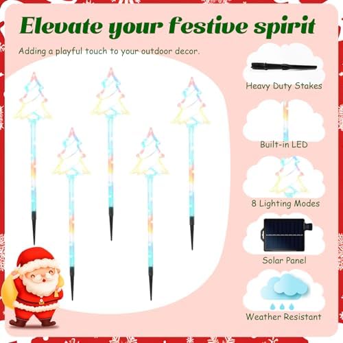 Garden Christmas Decorations Pathway Outdoor Solar, 27 inches Lighted Xmas Tree Solar Christmas Lights with 8 Modes Waterproof String Lights, Outdoor Lights for Yard Patio Walkway-5PCS - Image 3