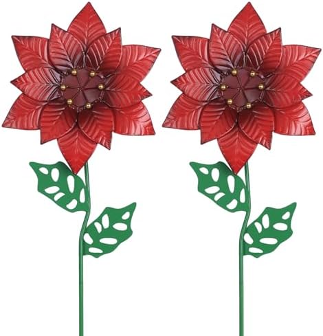 YEAHOME Outdoor Christmas Decorations, Set of 2 Poinsettia Flower Decorative Garden Stakes for Christmas Decor, Metal Red Flowers Xmas Decorations for Outside Garden Yard Lawn Porch by YEAHOME