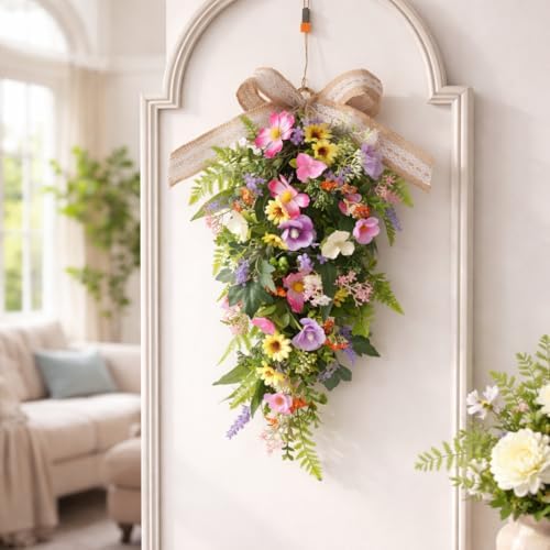Eksen Spring Teardrop Swag for Front Door with LED Lights, Colorful Floral Swag Artificial Wildflower Greenery Door Decor with Burlap Bow, Farmhouse Spring Hanging Decoration for Porch Wall Window - Image 5