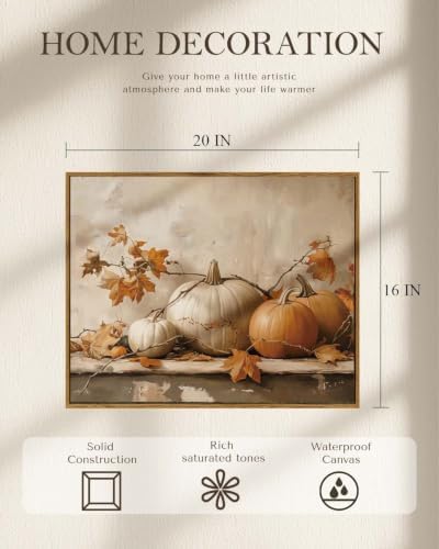 WHASAYART Vintage Pumpkin Thanksgiving Wall Art 16x20 Framed Canvas Print with Fall Leaves, Rustic Autumn Season Painting, Cozy Harvest Dining Room Kitchen Farmhouse Decor - Image 5