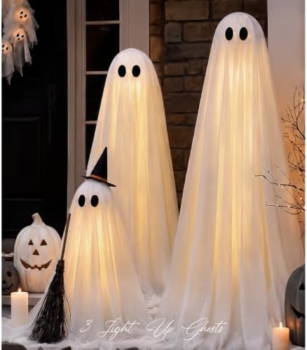 Halloween Decorations Outdoor - Set of 3 Light Up Ghosts with Timer Remote by ORIENTALCHERRY