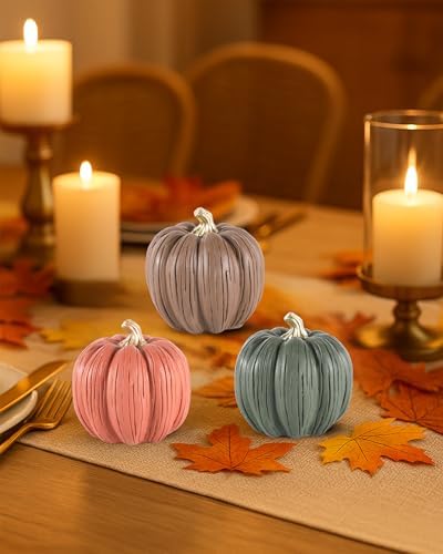 GoGnome Set of 3 Mini Resin Pumpkins – Hand-Painted Fall Harvest Table Decorations in Brown, Orange & Green, 3.5” Autumn Décor for Thanksgiving Day Farmhouse Styling (Multicolor) - Image 6