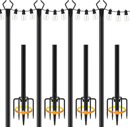 4 Pack 10 ft Heavy Duty Metal String Light Poles Adjustable Outdoor Lighting Stand for Patio,Backyard,Garden,Party & Wedding Rustproof & Sturdy with Hooks by Aulimhti
