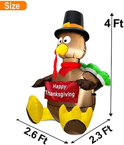 TURNMEON 4 Ft Thanksgiving Inflatable Decorations Outdoor, Blow up Turkey Holds Happy Thanksgiving Banner LED Lights for Yard Lawn Garden Fall Autumn Decoration Home Decor Outside Indoor - Image 2