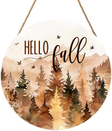 Hello Fall Wreath for Front Door Outside Autumn Thanksgiving Welcome Sign Fall Forest Trees Wood Door Hanger 12x12 Inch Rustic Farmhouse Indoor Outdoor Decor for Home Porch Wall Hanging Plaque by welcometoourhome
