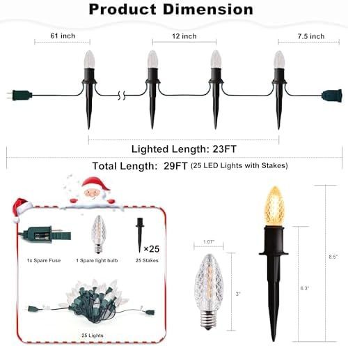 GAGALIFE 29Ft C9 Christmas Pathway Lights Outdoor - 25 LED Lights with 25 Marker Stakes for Walkway, Waterproof Plug in C9 Christmas Light Outdoor for Driveway, Yard, Lawn Decorations, Warm White - Image 7