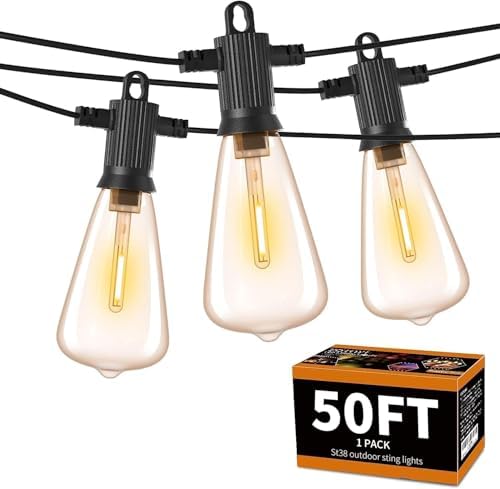 ZOTOYI Outdoor String Lights，50FT Patio Lights with 27 Vintage Edison Bulbs (2 Spare)，ST38 Waterproof Outside Hanging Light for Backyard, Bistro, Cafe, Gazebo, Porch Decor, Dimmable 2700K by ZOTOYI