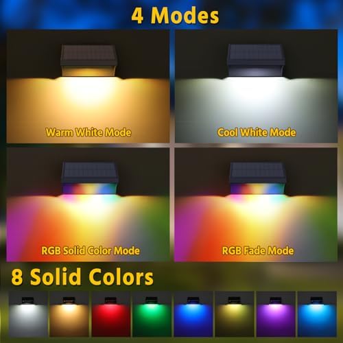 NIORSUN Outdoor Fence Lights, 6 Pack Waterproof LED Solar Fence Lights with 1500mAh Battery, Warm White/Cool White/RGB, Easy-to-Install Wall Light for Deck, Patio, Railing, Stairs, Backyard – Black - Image 3