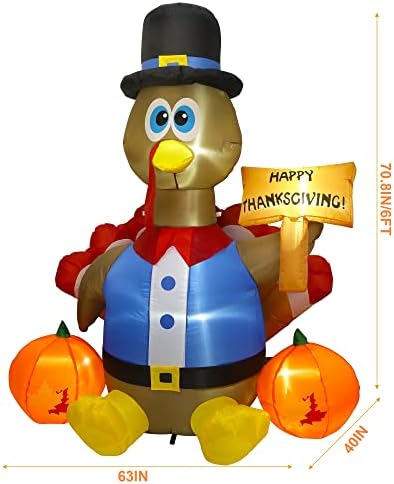 yosager Thanksgiving Inflatable Decorations, 6FT Lighted Happy Thanksgiving Inflatables Turkey with Pilgrim Hat, Blow Up with LED Lights, for Autumn Holiday Outdoor Home Lawn Garden Party Decor - Image 2
