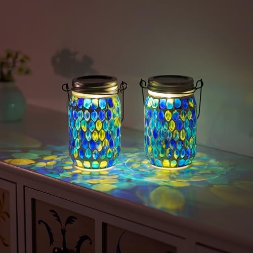 Starsoul 2 Pack Solar Lanterns Outdoor Waterproof, Decorative Teal Mosaic Glass Outdoor Lantern, Hanging Solar Garden Lights for Outside Pathway Patio Porch Yard Table, Gifts for Women Mom Grandma - Image 6