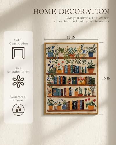 Vintage Botanical Book Shelf Framed Canvas Wall Art, 12x16 Colorful Plants Books Painting, Retro Library Reading Gift, Modern Home Décor for Living Room Study Office - Image 2