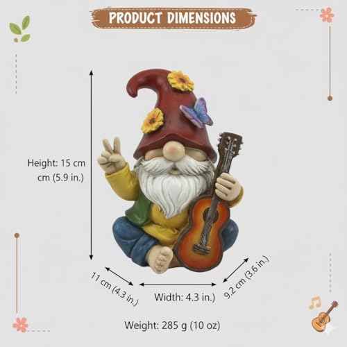 GoGnome Peace Sign Garden Gnome Figurine Outdoor Statue, Funny Guitar Playing Dwarf Rock Music Decor - 6‘’ Resin Lawn Ornament, Unique Housewarming Gift for Music Lovers & Gardeners (Red) - Image 6