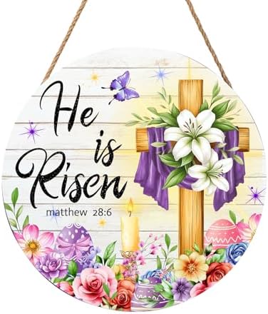 Harooni Easter Decorative Sign, 12x12in Modern Wooden Door Mount, Pastel, Bright, He is Risen, Twine, Rope by welcometoourhome