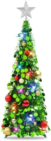 N&T NIETING Pop Up Christmas Tree with Lights, Collapsible Tinsel Xmas Tree Decorations, Pencil Christmas Tree Skinny Tree for Holiday Xmas Home Office Decor, 25 Balls, 3Ft, Green by NTNIETING