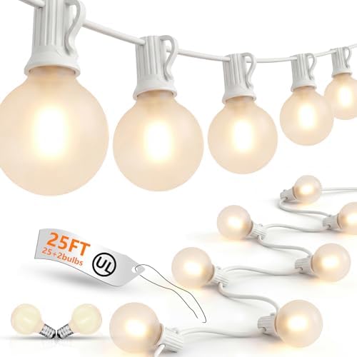 25Ft G40 LED Frosted White String Lights Outdoor with 27 Shatterproof Globe Bulbs Patio Lights White Wire, Waterproof Hanging Bistro Lights for Wedding Party Backyard Garden Porch Christmas Decor by Goothy