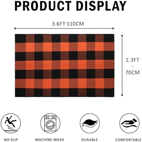 Fall Decor Buffalo Plaid Outdoor Rug 27.5" x 43" Orange and Black Checkered Area Rug Halloween Washable Doormats Fall Indoor Outdoor Rugs for Layered Front Door Mats, Porch, Entryway, Farmhouse - Image 2