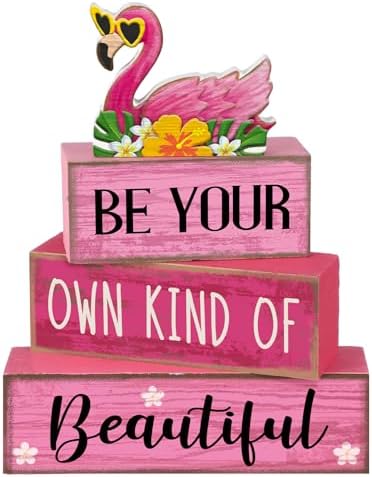 Lineshading 4 Pcs Flamingo Summer Decor Wooden Tabletop Signs Pink by Lineshading