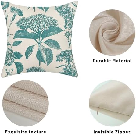 Aqua Teal Pillow Covers 18x18 Inch 2 Pcs Boho Vintage Floral Decor Throw Pillows Hydrangea Flower Summer Outdoor Farmhouse Neutral Accent Decoration Pillowcase Linen Cushion Cover for Sofa - Image 7